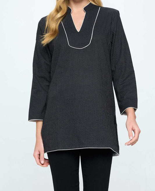 Kantha Stitch Black Threaded Cotton Tunic Top