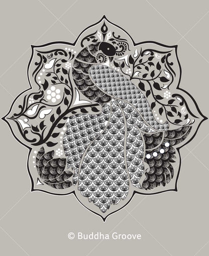 Peacock Lotus Mandala Grey and Black Cotton Tunic Top